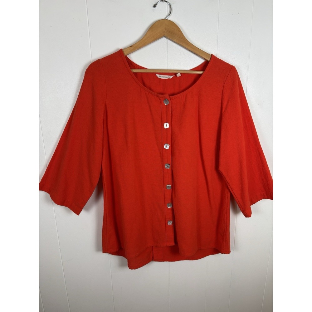 Soft Surroundings Vermillion Orange 3/4 Sleeve Button Cotton Shacket Blouse Med